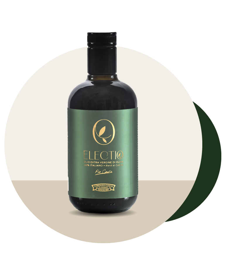 Electio olio extravergine di oliva 100% italiano - Olio Costa: un blend di cultivar italiane che esprime un perfetto equilibrio tra dolce, amaro e piccante, con profumi e note aromatiche che non si trovano mai in una singola cultivar.