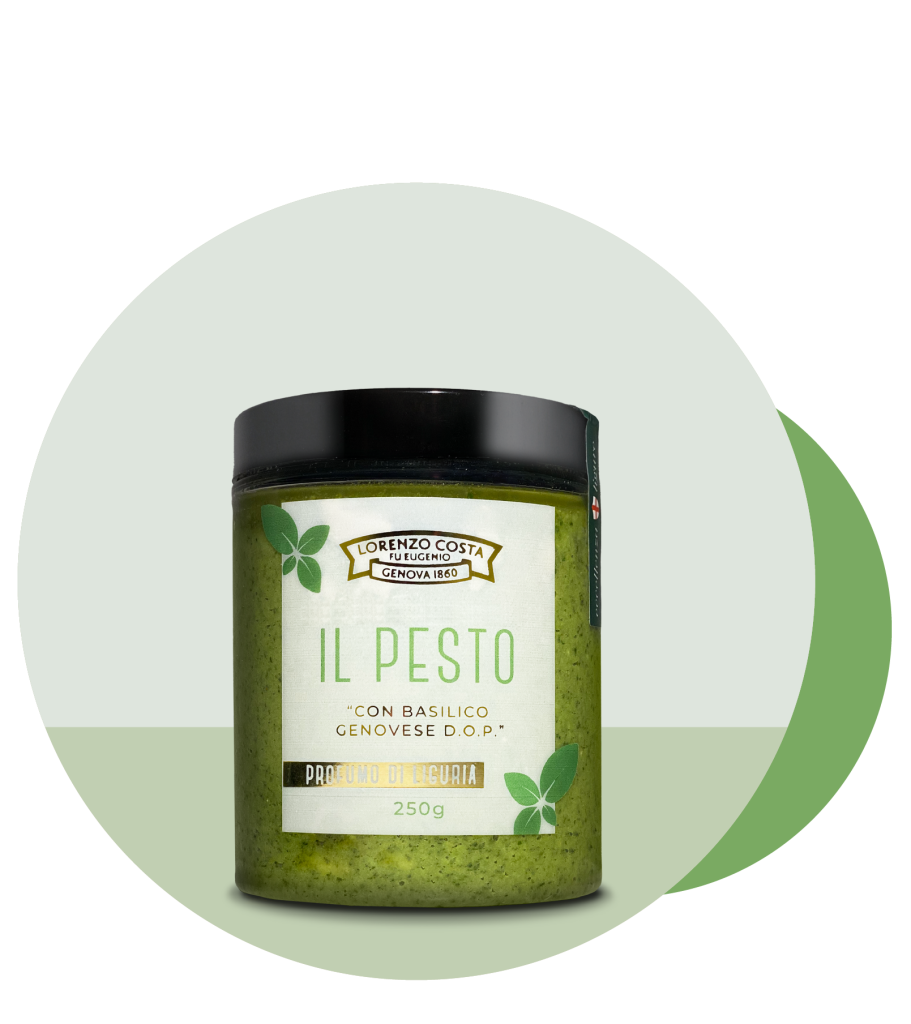 Il Pesto Fresco Genovese di Olio Costa è realizzato seguendo la ricetta tradizionale, che utilizza esclusivamente ingredienti DOP e locali: basilico DOP, olio EVO, grana padano, parmigiano reggiano, pecorino sardo, aglio di Vessalico e sale.