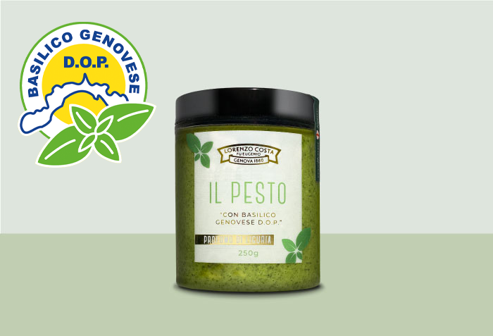 Il Pesto Fresco Genovese di Olio Costa è realizzato seguendo la ricetta tradizionale, che utilizza esclusivamente ingredienti DOP e locali: basilico DOP, olio EVO, grana padano, parmigiano reggiano, pecorino sardo, aglio di Vessalico e sale.