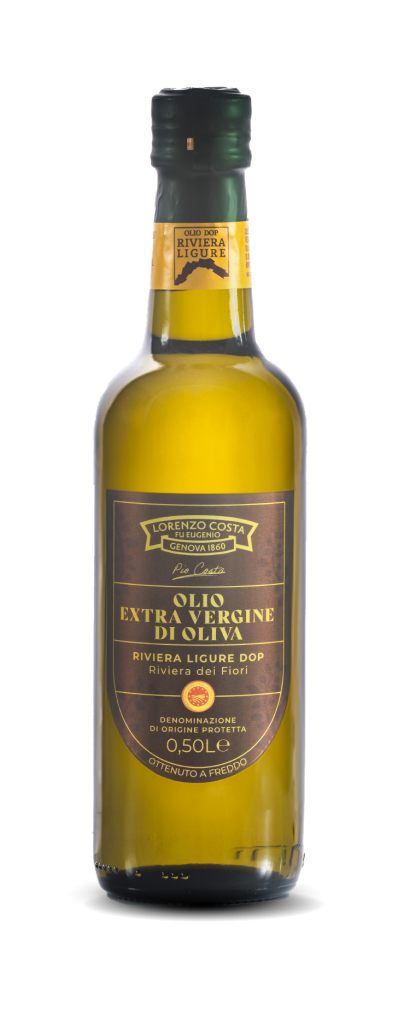 Olio Extravergine Riviera Ligure Dop di Olio Costa. Questo olio è conosciuto per la sua dolcezza e per la sua versatilità, che può essere impiegata per la lavorazione di tutti i piatti, compresi i dolci.
