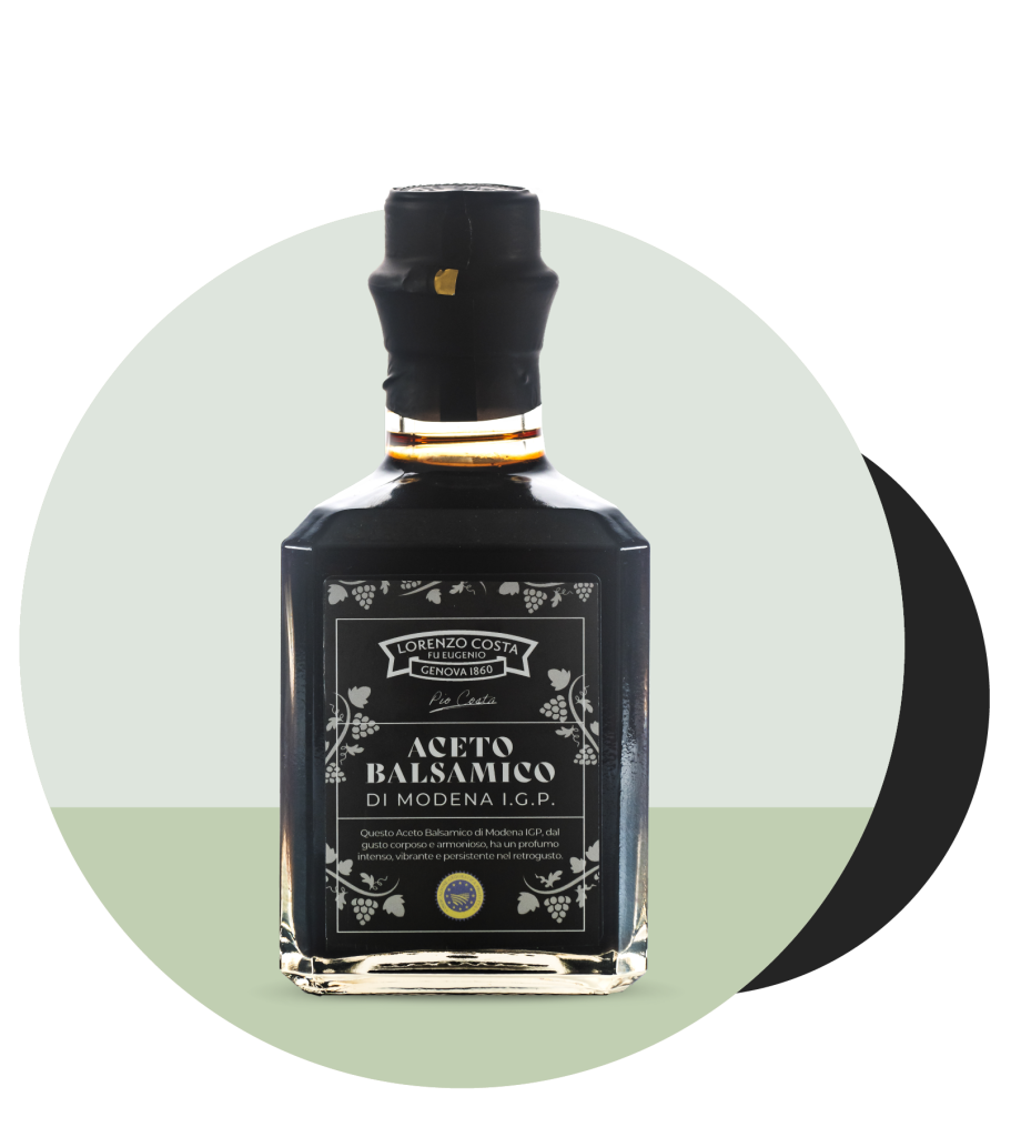 L’Aceto Balsamico di Modena IGP è un aceto balsamico tradizionale. Ha un colore bruno intenso, un profumo vibrante ed un gusto corposo ed armonioso, persistente al palato.