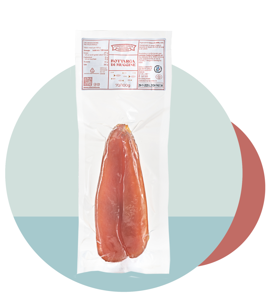 La Bottarga Muggine Baffa è una prelibatezza ottenuta dalle uova di Cefalo, lavate, salate ed essiccate con sapienza, preparata ancora con la ricetta originale.